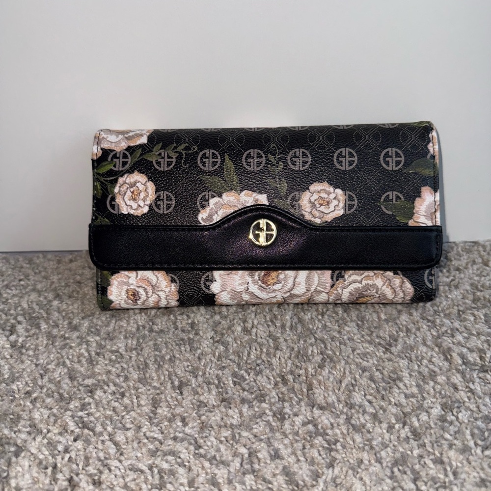 NWOT Giani Bernini Floral Black Folding Wallet with Logo, Card Slots Coin Pocket